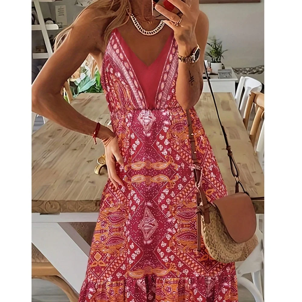 Boho Paisley Print High waist V neck Maxi Dress - Picture 2 of 5